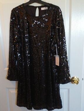 lauren conrad black sequin dress Lauren Conrad Black Sequin 3XL 3X XXXL Plus Sleeve Deep V Glam Disco Party  Dress